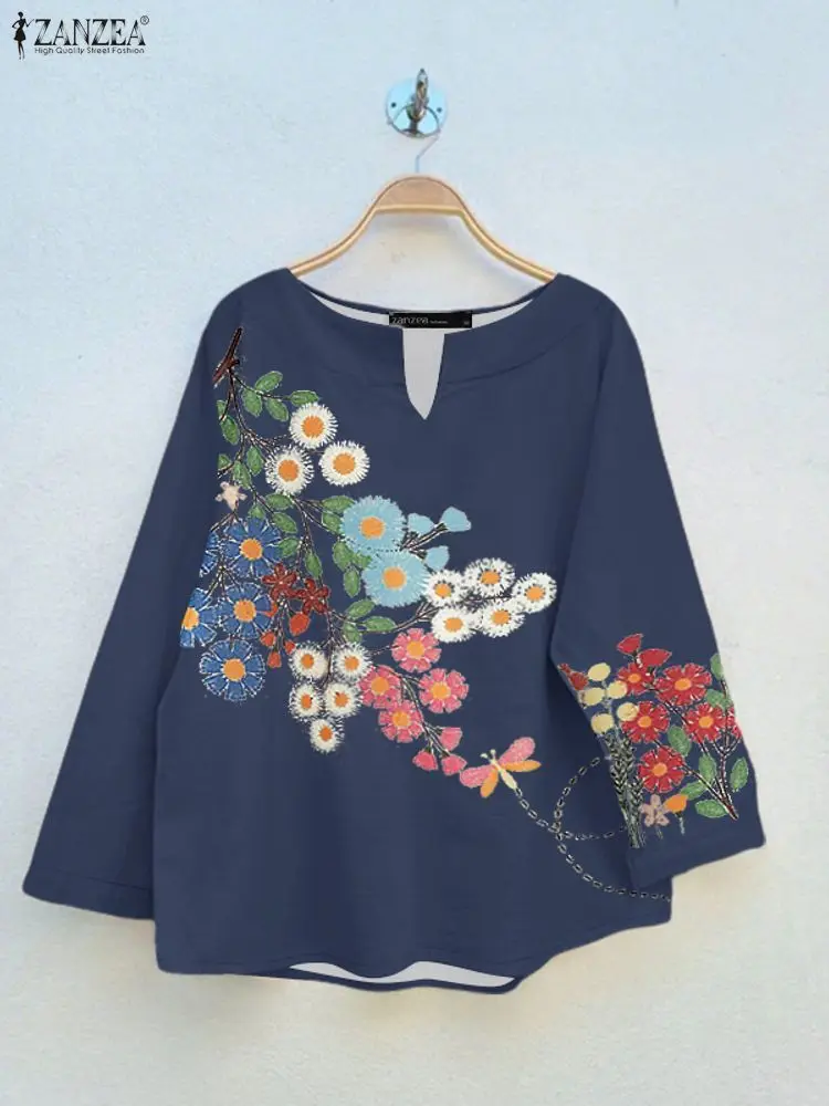 

ZANZEA, новинка осени 20%, блузки с цветочным принтом, повседневные пуловеры с v-образным вырезом и длинными рукавами, топы, повседневная одежда, женская одежда, S-3XL