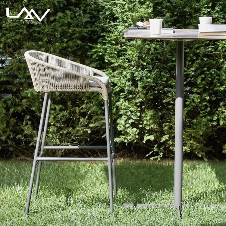 Leisure Garden Patio Bar Stool Rope Woven Aluminum Frame Bar Chair Modern Outdoor Furniture