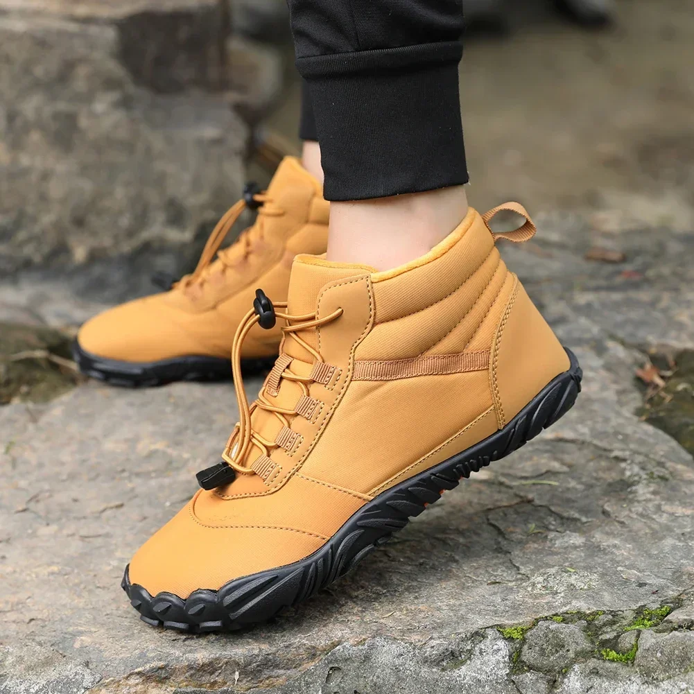 

Men Women Waterproof Military Boots Yellow High Top Trekking Shoes Anti Slip Plush Lined for Travel Climbing Hiking