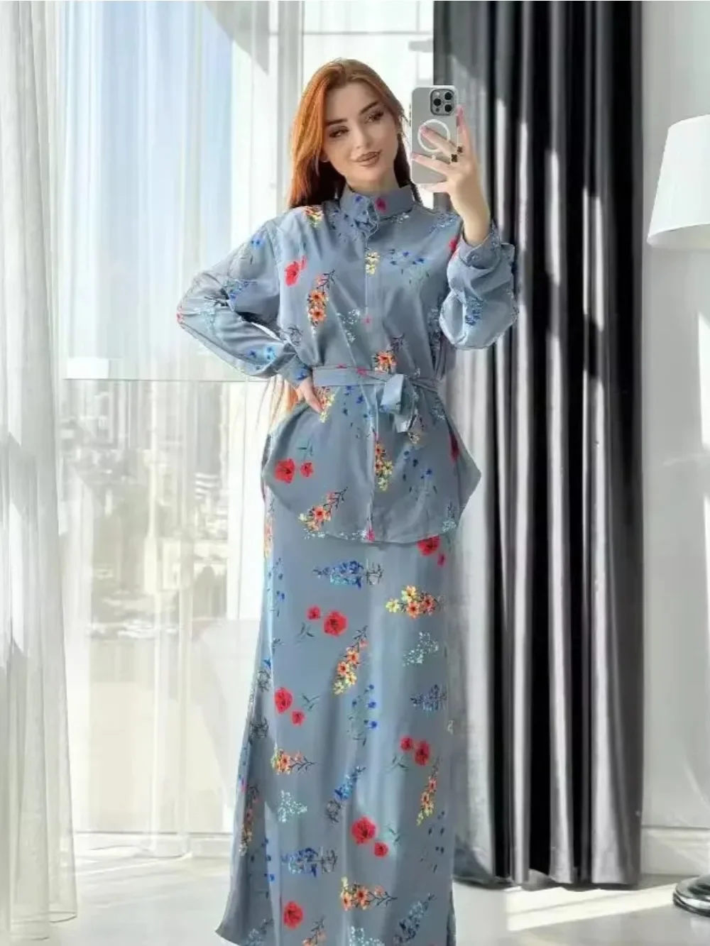 

Muslim Sets Women Lace Up Blouse Top Long Skirt Flower Print 2 Piece Suit Outfits Dubai Saudi Morocco Skirts Musulman Ensemble