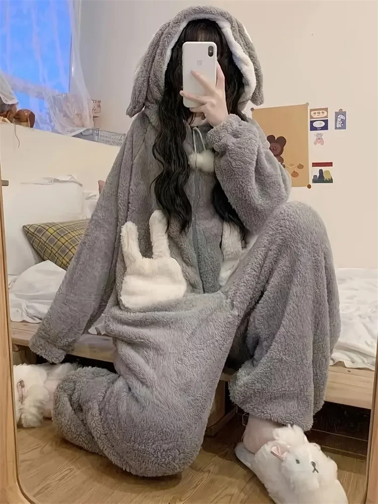 Winter Warm Cute Rabbit Body Suit Home Clothes for Women Coral Velvet Thickened Onesies Thicken Pyjama Adult Flannel Jumpsuits