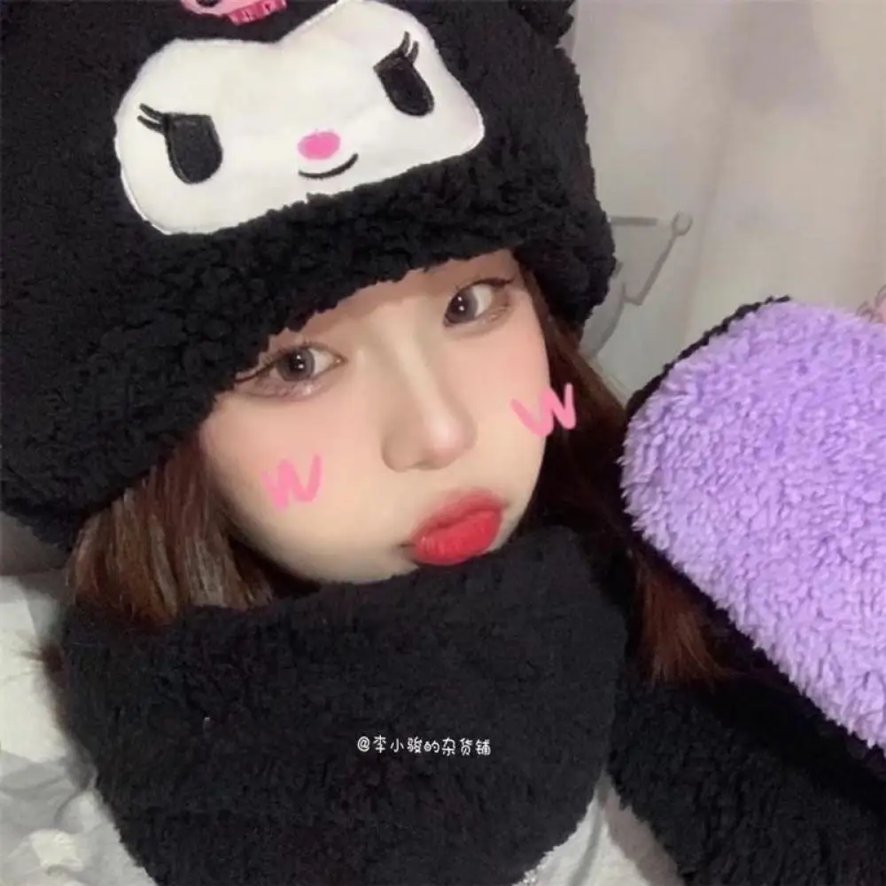 Hello Kitty Cartoon Peluche Chapeau Écharpe Gants, Kawaii Anime, Kuromi Melody, Mignon, Doux, Fille Étudiante, Chaud, Épais Cadeau, Sanrioed, Hiver