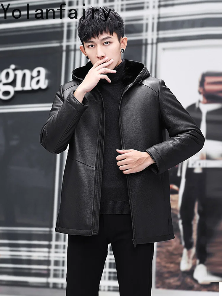 YOLANFAIRY Real Leather Jacket Men Mid-length Real Goatskin Deer-pattern Coat Winter Whole Mink Fur Liner Coats Hooded Fur Coat
