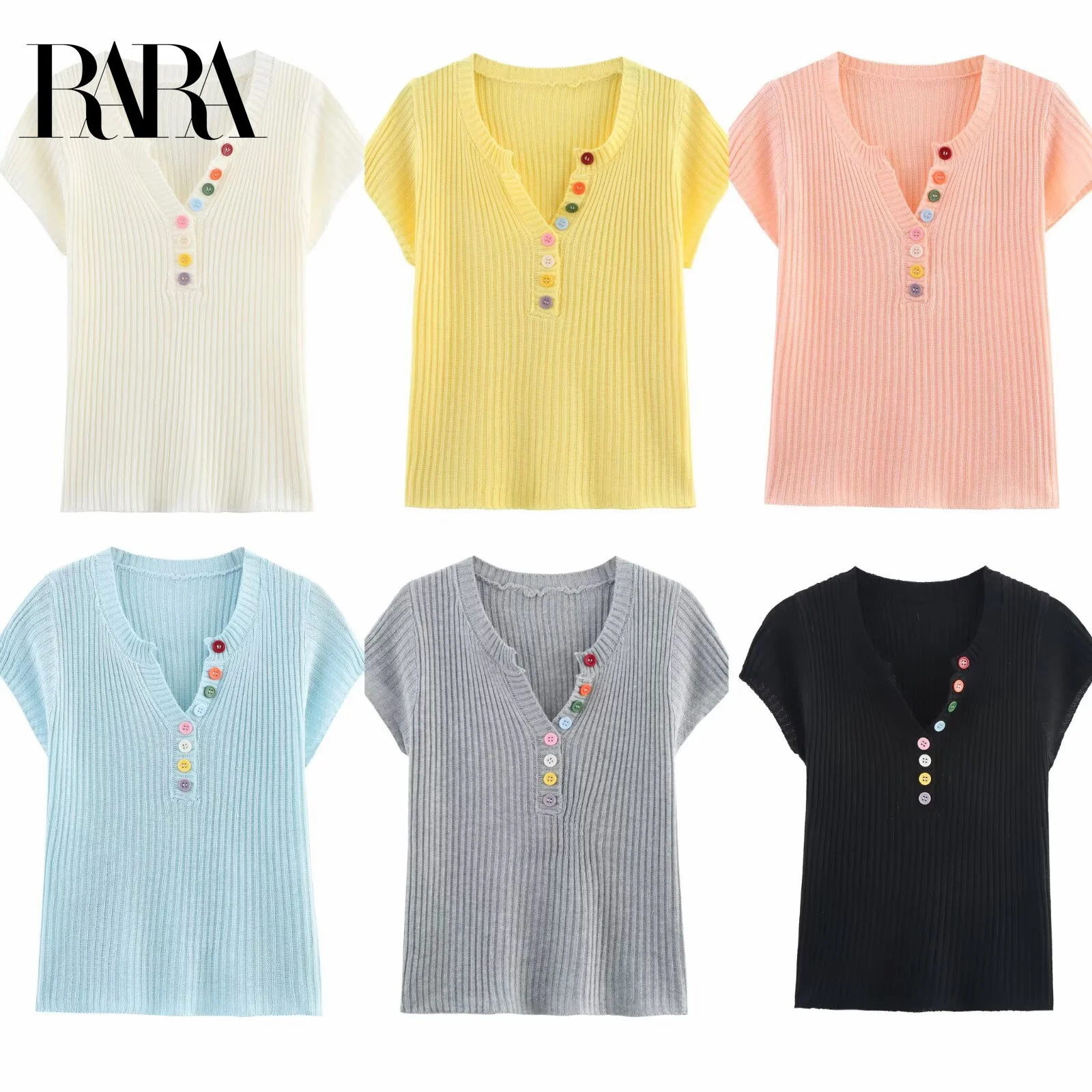 

RARA Women's Summer New Colorful Button Decorated Casual Sweet V Neck Short Sleeve Ribbed Knit T Shirt