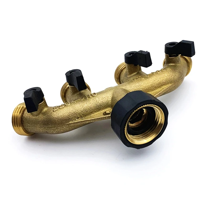4 Way Brass Hose Splitter, 3/4inch Brass Hose Faucet Manifold, Garden Hose Connector Tap Splitter, Solid Brass-Yellow-AT35