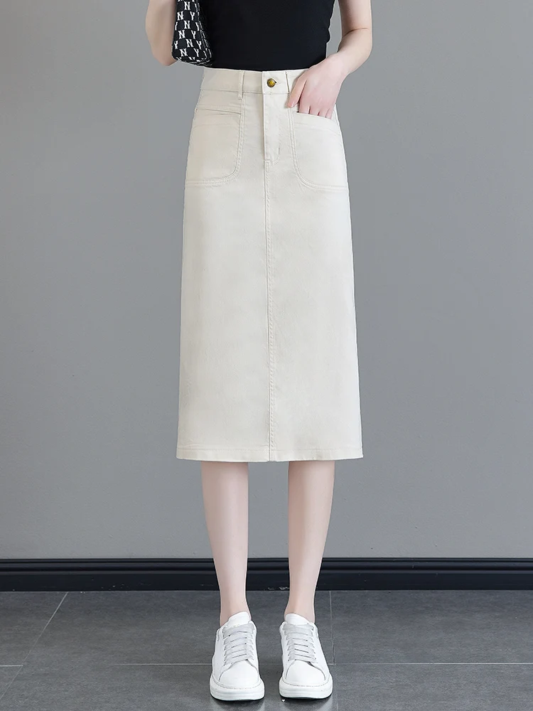 

High Waist Midi Denim Skirt Women Summer Thin Casual A-Line Split Skirts Comfortable Cotton Blend High Waist Korean Style