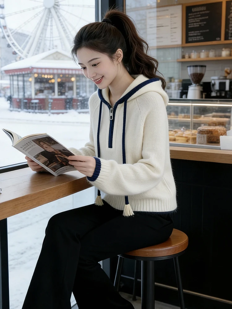 

Женский вязаный свитер Ele Lazy Slim Fit на молнии с капюшоном, весна-осень, модный, свободный крой в корейском стиле