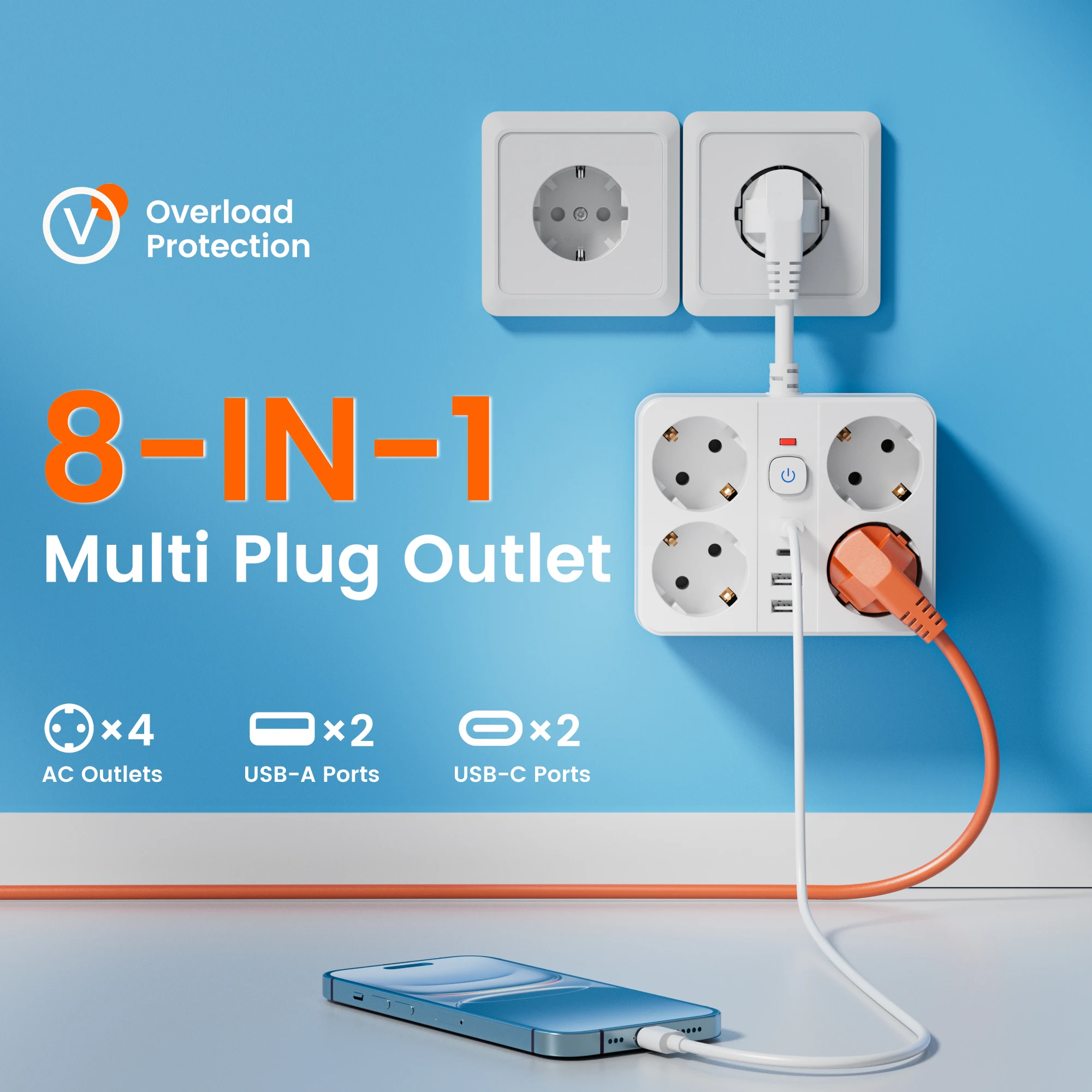 واقي عرام قطاع الطاقة 8 في 1: 4 منافذ تيار متردد ومنافذ USB و2 USB-C لشريط الطاقة الأساسية للمكتب المنزلي مع منافذ USB،