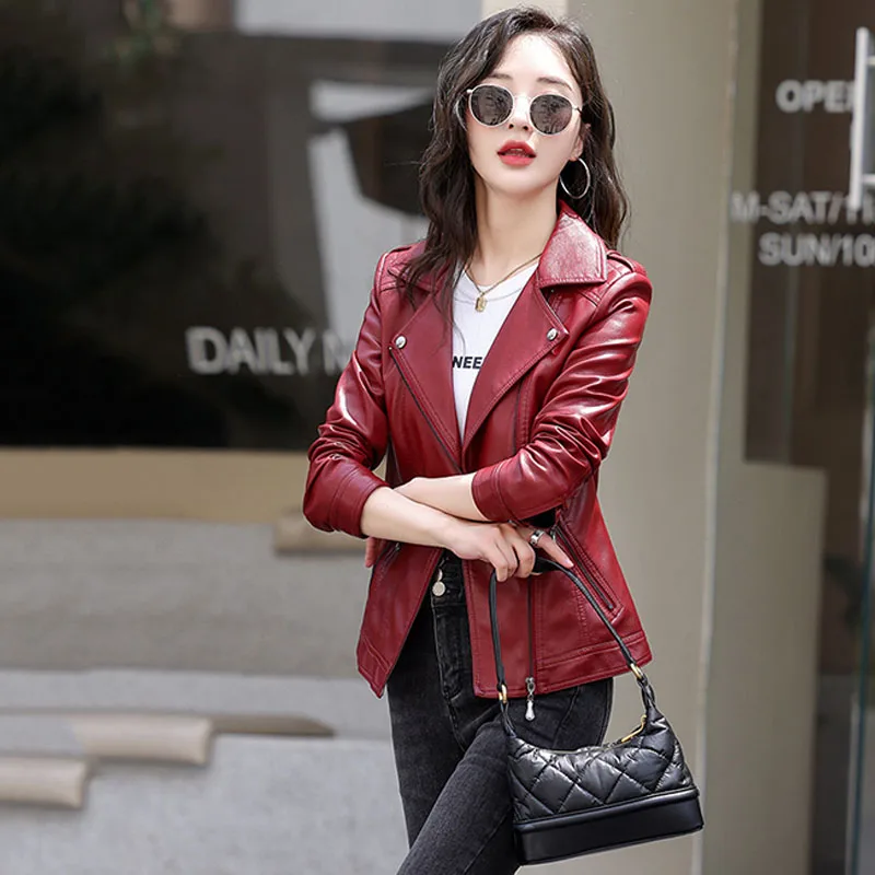 جديد إمرأة كلاسيكي معطف جلد ربيع الخريف 2025 بدلة على الموضة طوق سليم قصير جلد الغنم ملابس خارجية السائق سترة جلدية الإناث