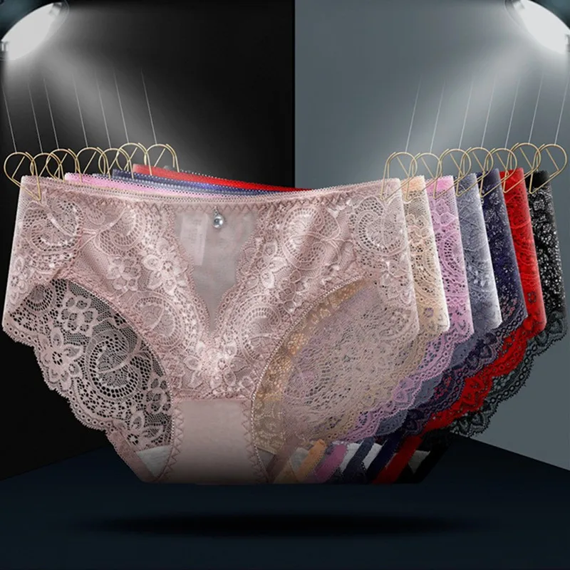 Women Sexy Hollow Lace Underwear Transparent Elasticity Breathable Mesh Soft Thin Female Panties Middle Exquisite Breifs