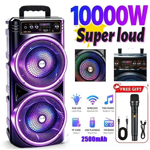 Professional‑Grade Portable Bluetooth Speaker, Dual‑Driver with Dynamic RGB LED Lights, TWS Wireless Stereo Interconnection, Supports Bluetooth, USB Drive, TF Card, Microphone and FM Radio, Compact Outdoor Speaker for Parties, Birthdays, Camping and Home