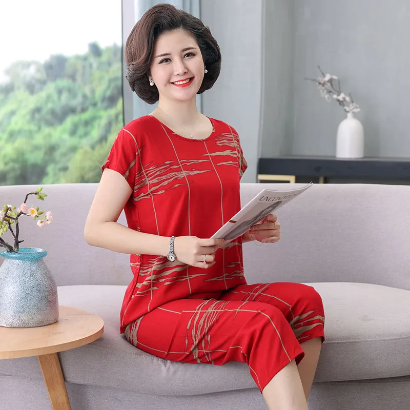 UHYTGF Mom Big Size Pajamas Printed Thin Cotton Linen Comfortable Summer Two Piece Set Sleepwear Women Casual Pants Top Suit2412