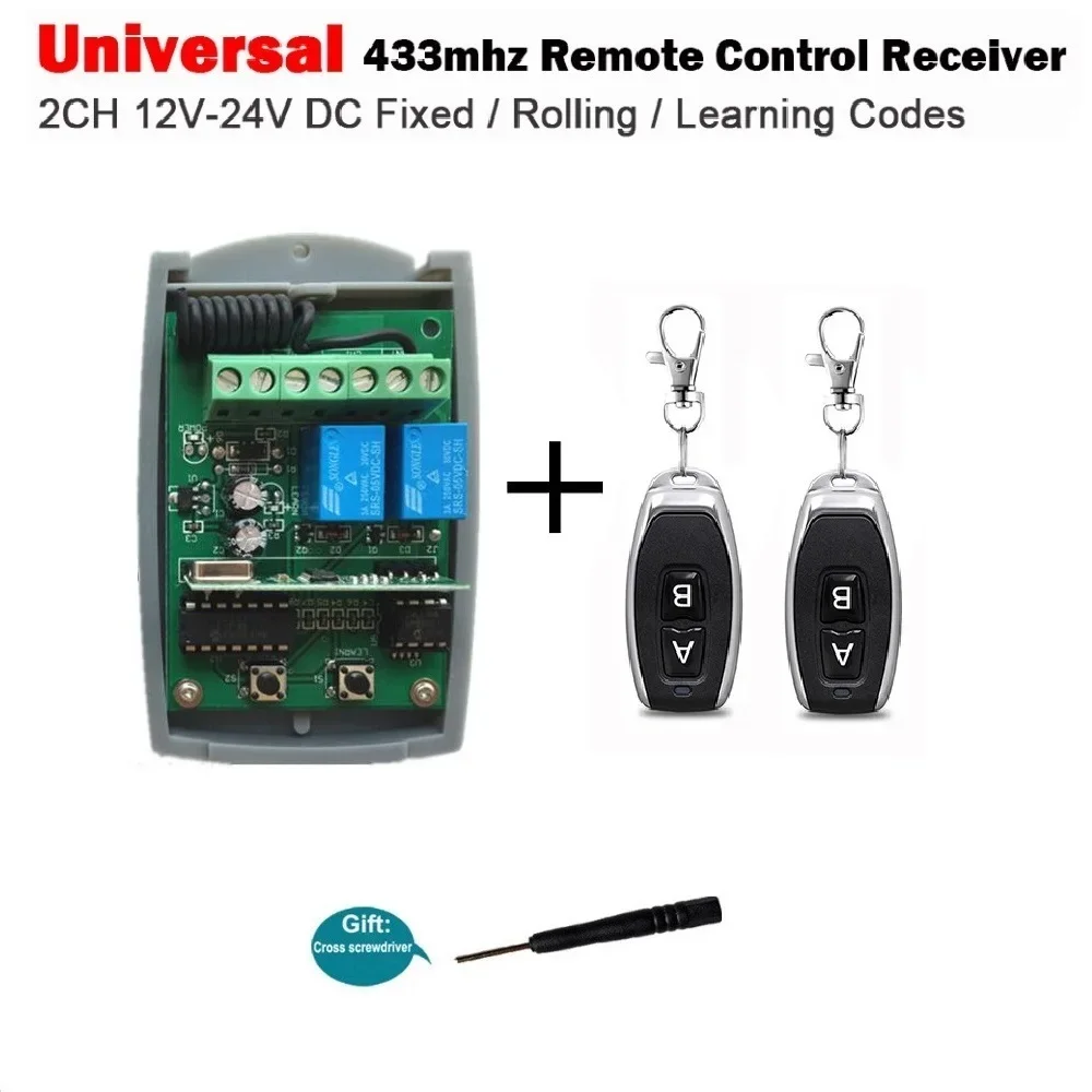 Controle remoto sem fio universal para porta de garagem e portão, receptor de relé RF e transmissor, 433MHz, AC, DC, 7-32V, 220V, 2CH