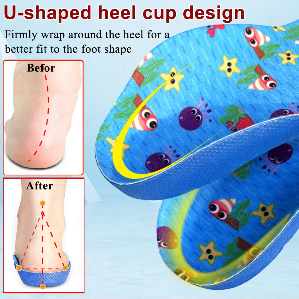 Palmilhas ortopédicas infantis para pés planos, suporte de arco alto, pernas de boi, copo profundo, fascite plantar, conforto, esportes, tênis de corrida
