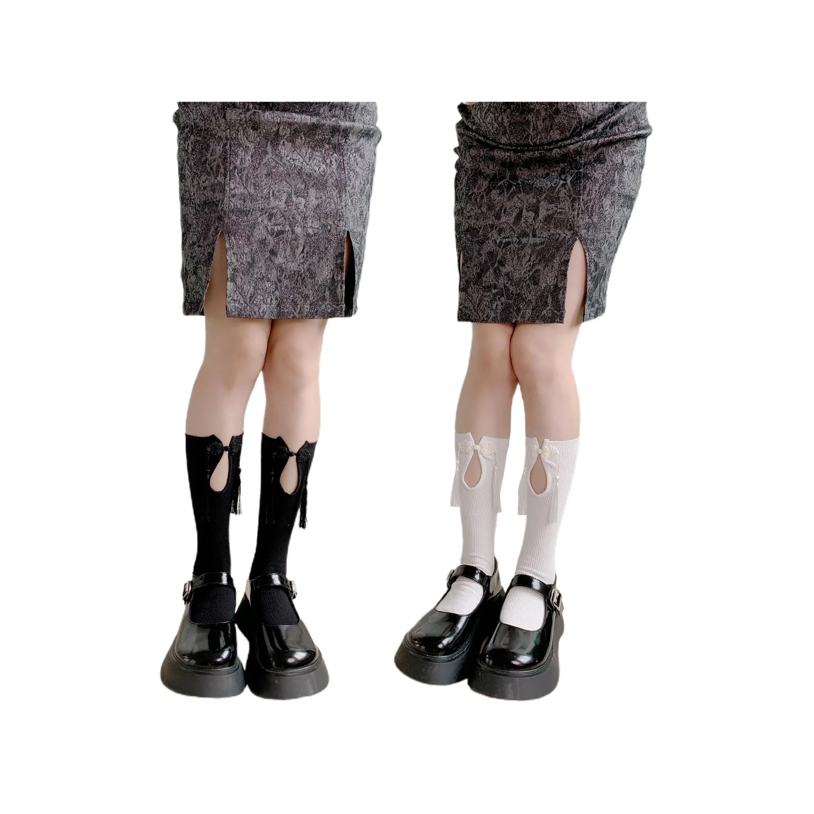 

Black and white tassel pile socks combination (1 pair each of black + white)