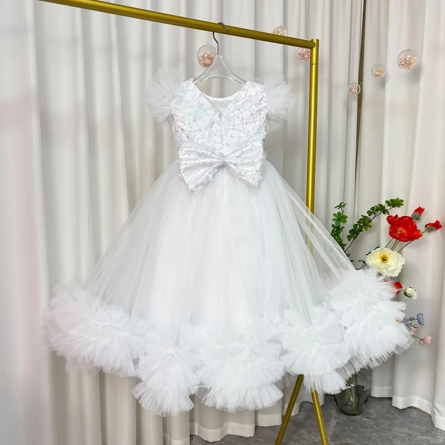 Elegante abito da ragazza di fiori in oro per bambini, principessa, compleanno, festa di nozze, bianco, rosa, per bambini, spettacolo di festa, abito da ballo J069