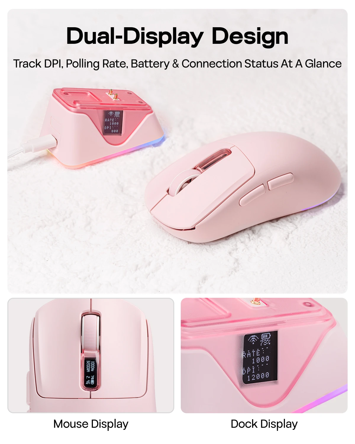 Bezprzewodowa mysz gamingowa EPOMAKER NEX Lite z możliwością podłączenia przez kabel/Bluetooth/2.4Ghz, ergonomiczna mysz z czujnikiem PAW3311 i podwójnym ekranem dla PC/Mac/Linux — zdjęcie produktu 3