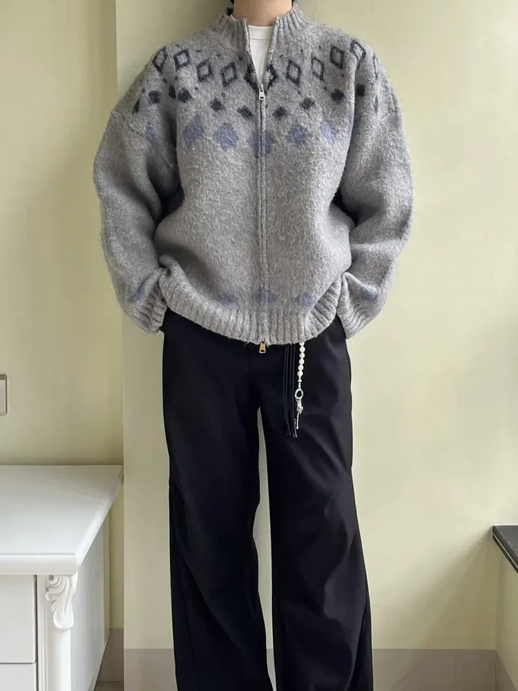 

Мужской вязаный кардиган в стиле Fair Isle, винтажный, осенне-зимний, утепленный, с воротником-стойкой, на молнии, повседневный, из полиэфирного волокна