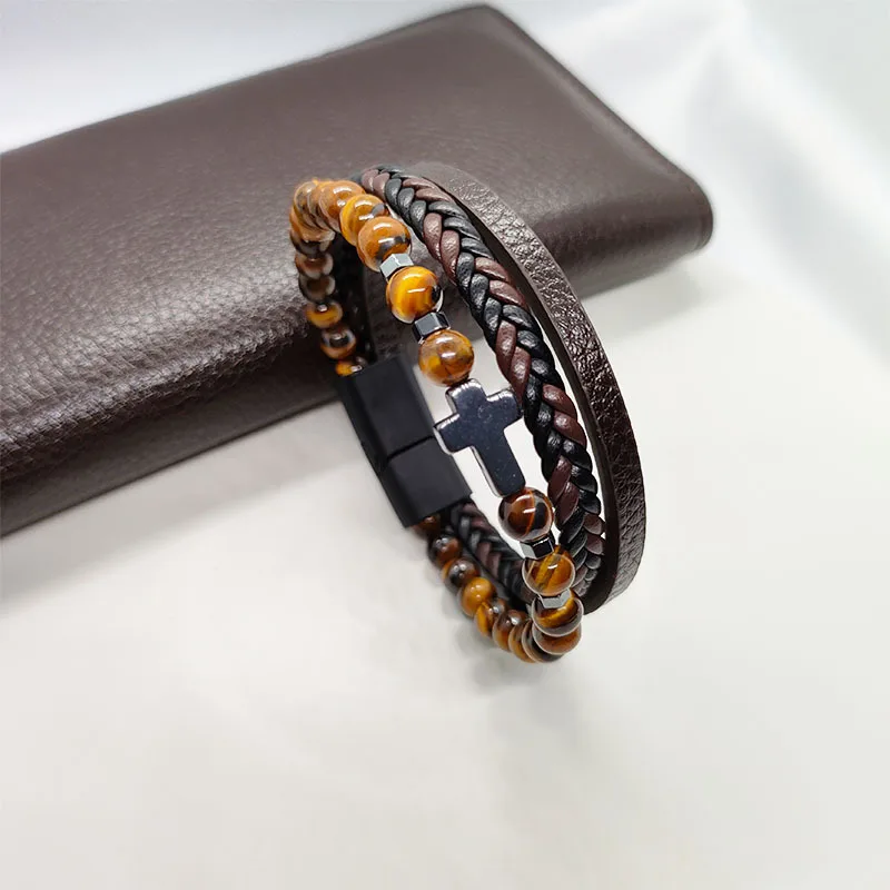 Three Layers Charm Natural Tiger Eye Stone 6mm Bead Cross Bracelet Woven Leather Rope 20cm For Men&Women Fashion Jewelry 2024
