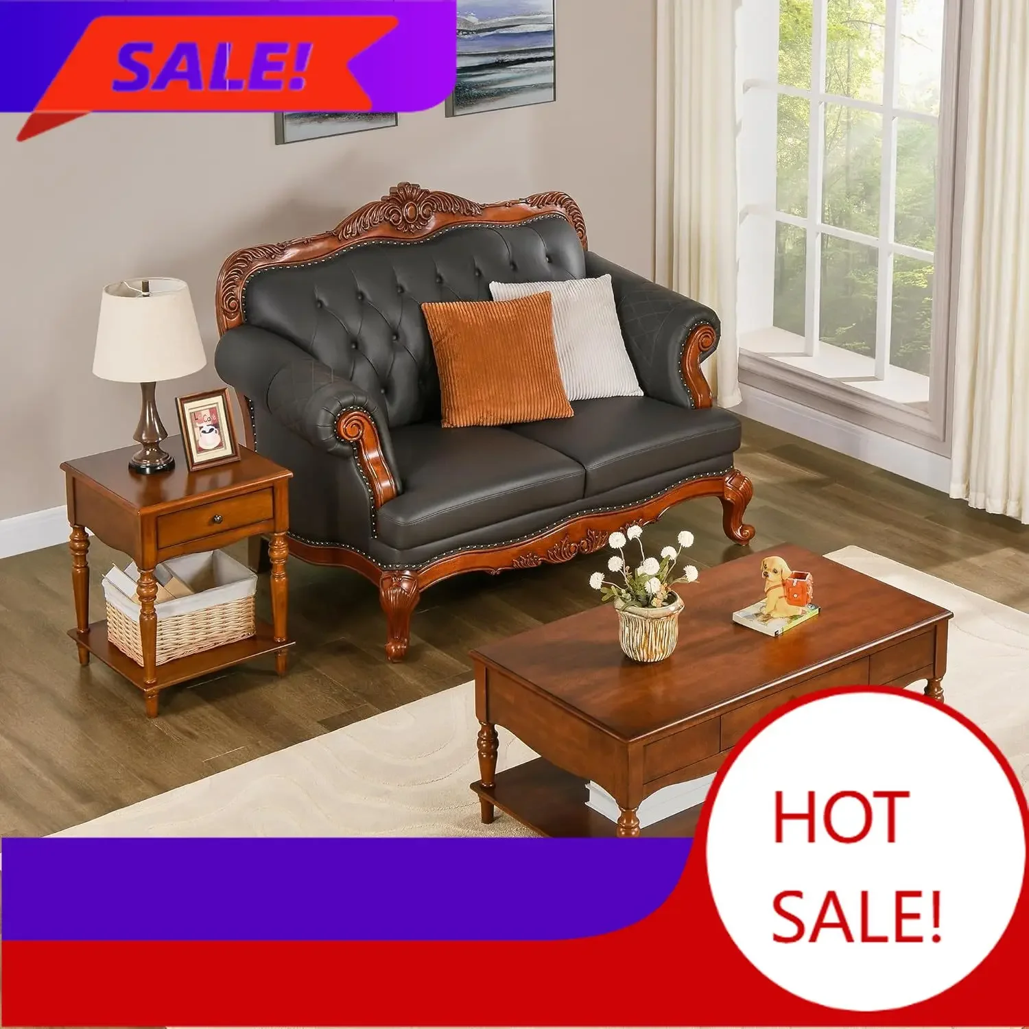 Rectangular Coffee Table with 2 Storage Drawers, Mid-century Solid Wood Living Room Table with Carved Leg, Elegant Vintage Cente