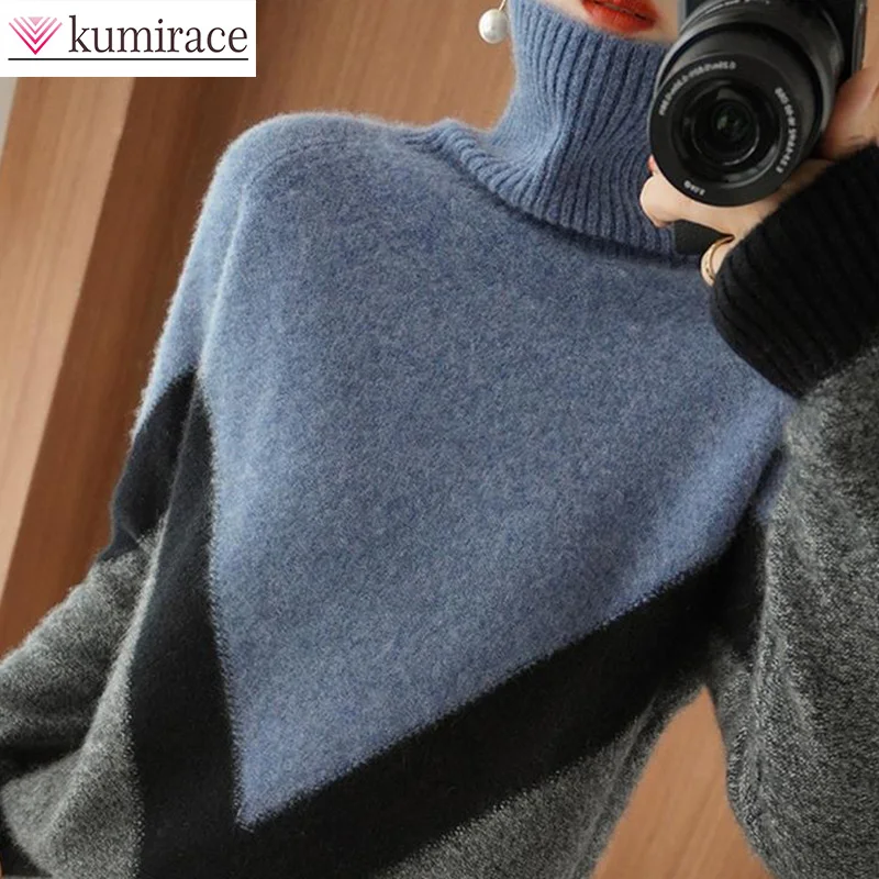 2022 Spring and Autumn New Sweaters Women's High Neck Loose Color-block Knits Retro Underlay Elegant Knitted Women's Top