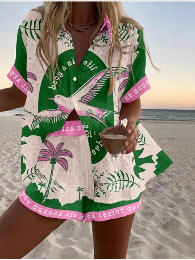 Fashion Casual Printed Two Piece Set Women Summer Comfort Holiday Color Colorful Button Short Sleeves Shirts And Shorts 2 Sets