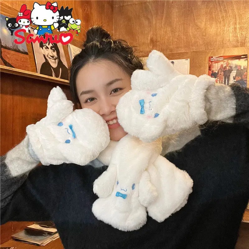 Sanrio – gants en peluche pour filles, mignons, à grandes oreilles, pour chiens, cyclisme, hiver, froid, épais, pour étudiants, chauds, cadeaux pour filles