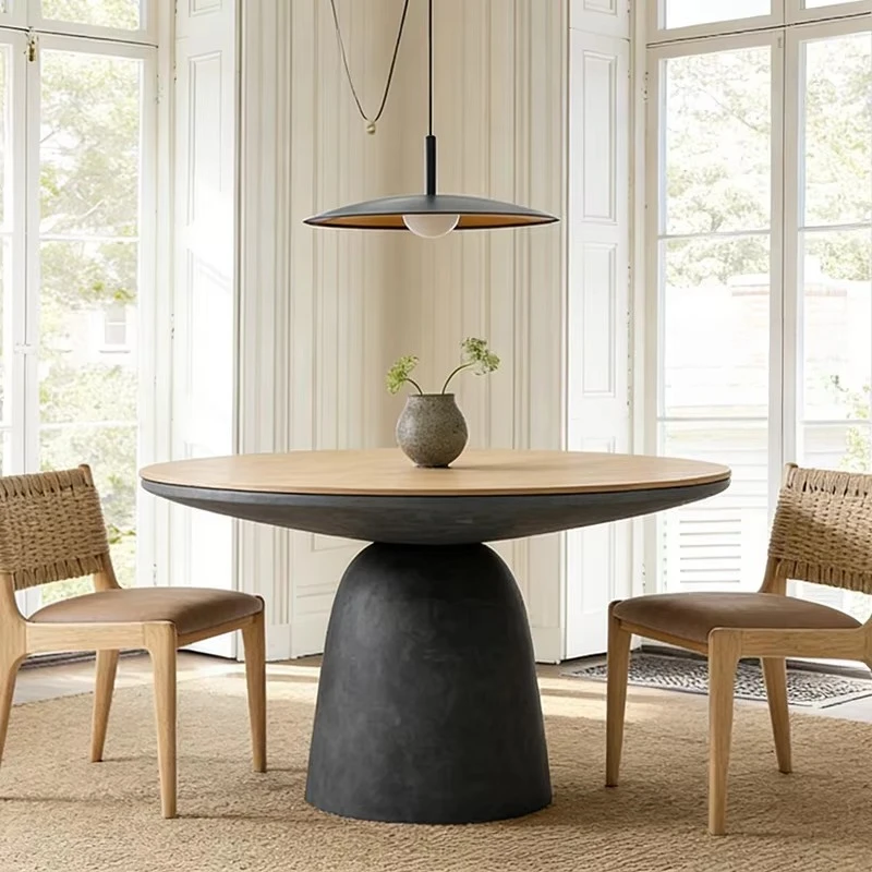 km-Round Dining Table with Plywood Top and Cement Base Cold Meets Warm Wood in Artful Harmony Mesa De Comedor%