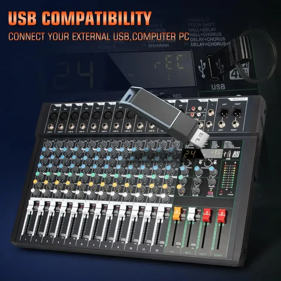 Biner FG12 New Design Built-in 24 Reverb Effect 12 Channel Music professional Audio Mixer