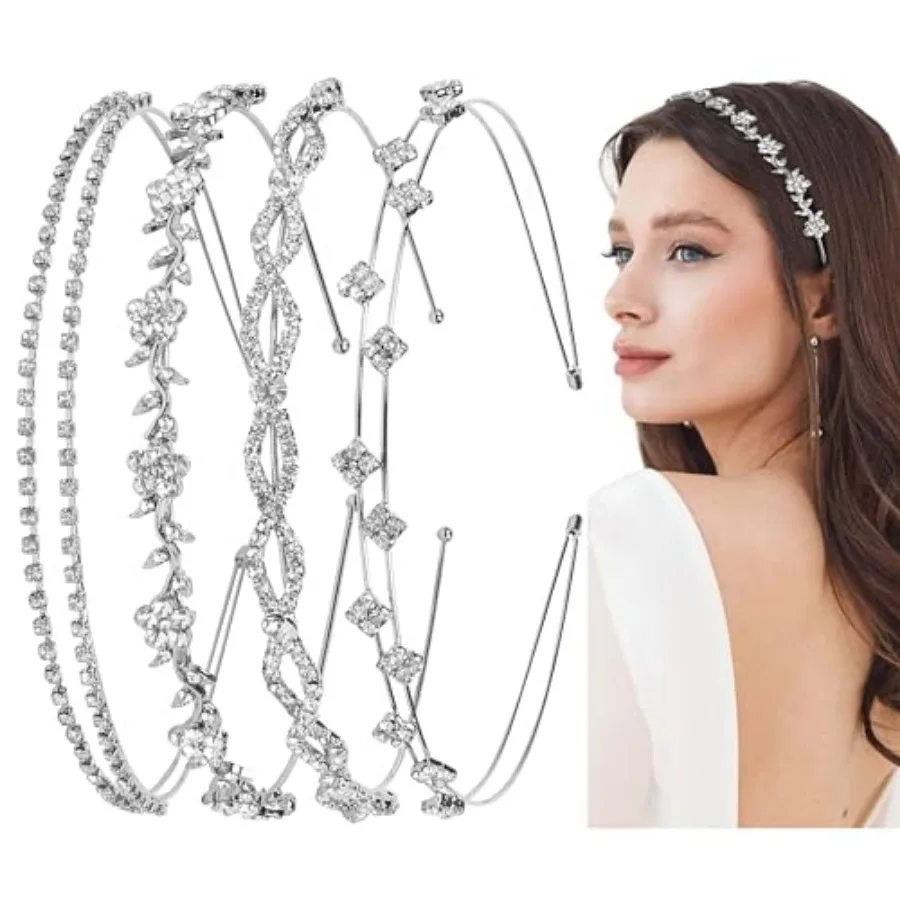 

4 Pcs Rhinestone Headbands for Women Bridal Headband Crystal Flower Girl Headpiece Flower Leaf Tiara Crown Head Band Wedding Ha