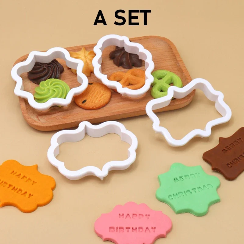 4PCS Vintage Plaque Frame Cookie Cutters Name Plate Plastic Biscuit Mould Cake Decorating Tools Letters Home Kitchen Baking Tool