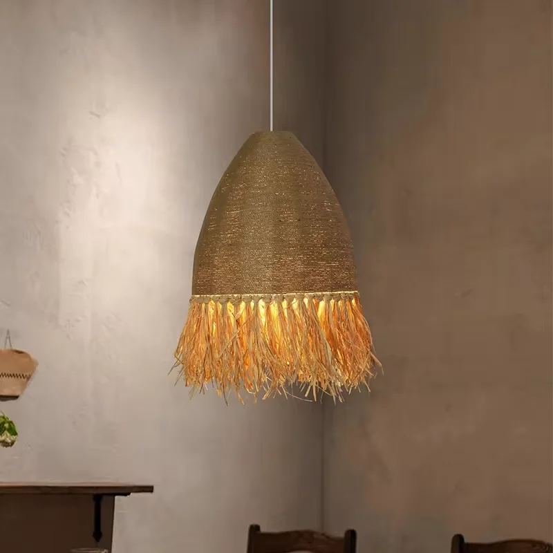 Retro Woven Rattan Pendant Light Wabi Sabi Restaurant Bar Cafe Dining Room Decor led Chandelier Bedside Hanging Lamp Fixture