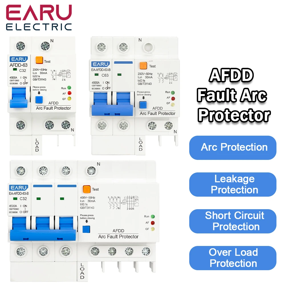 AFDD 1P+N 2P 3P+N AC 230V Fault Arc Protector Circuit Breaker Main Switch RCBO MCB Short Circuit Overload Leakage Protection