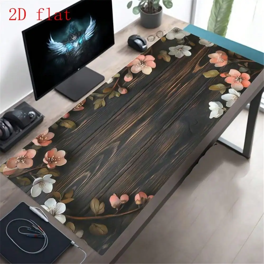 1pc Mouse Pad, Dark Wood Grain Background With White And Peach Flowers, Non-Slip Backing, Office Desk Mat, Gaming Accessories, Computer Mousepad, Desktop