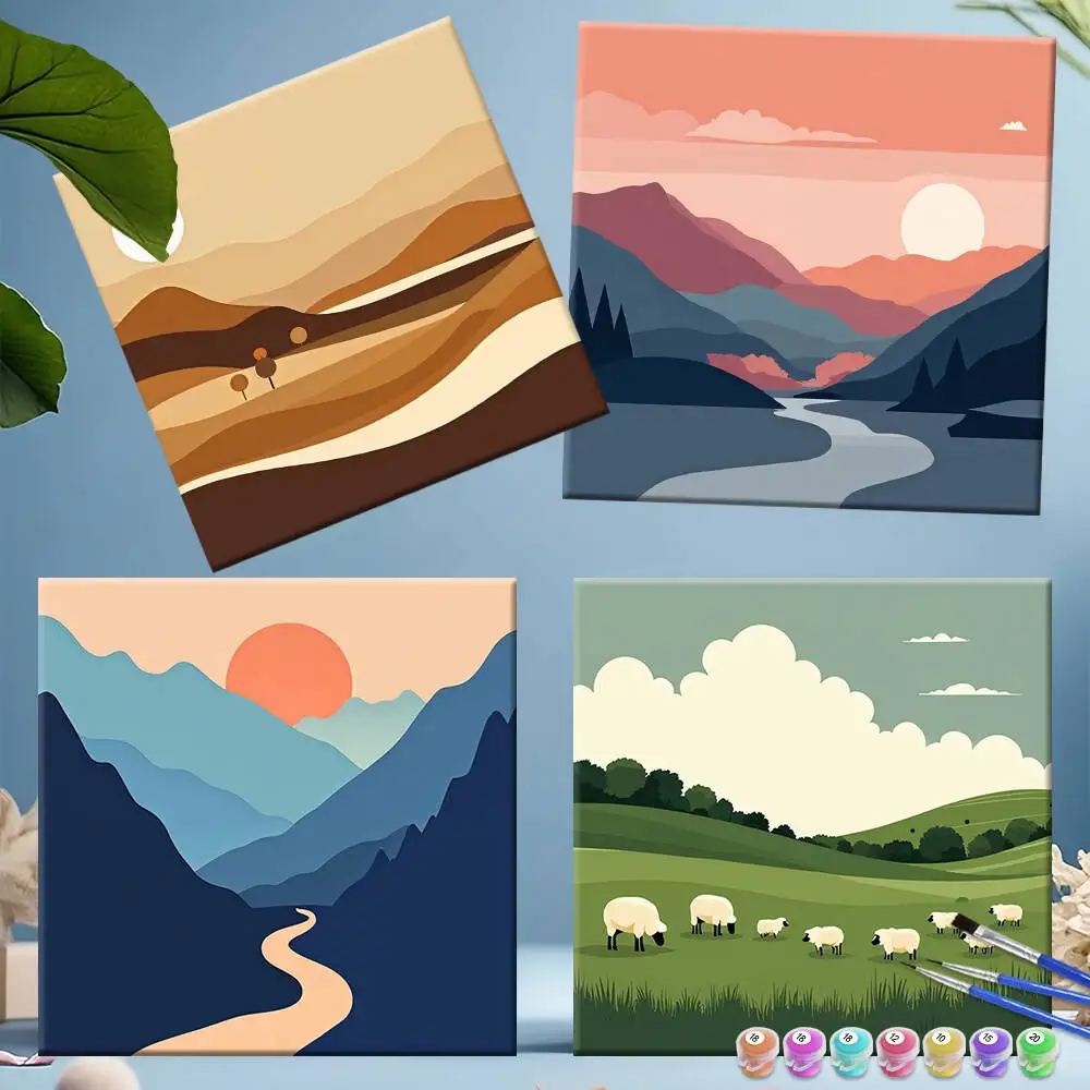 Digitales Ölgemälde, Berglandschaft, DIY Malen nach Zahlen, Baumlandschaft, Laterne, Acrylfarbe auf Leinwand, handgemaltes Geschenk