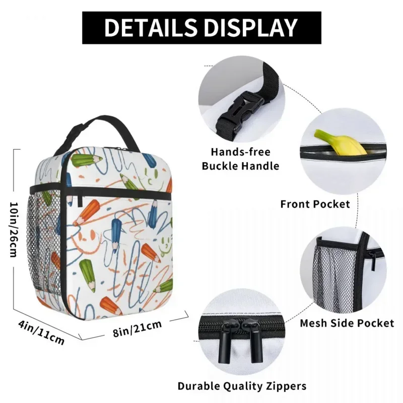 Back To School Colored Pencils Pattern Resuable Lunch Boxes Waterproof Thermal Cooler Food Insulated Lunch Bag Kids Children