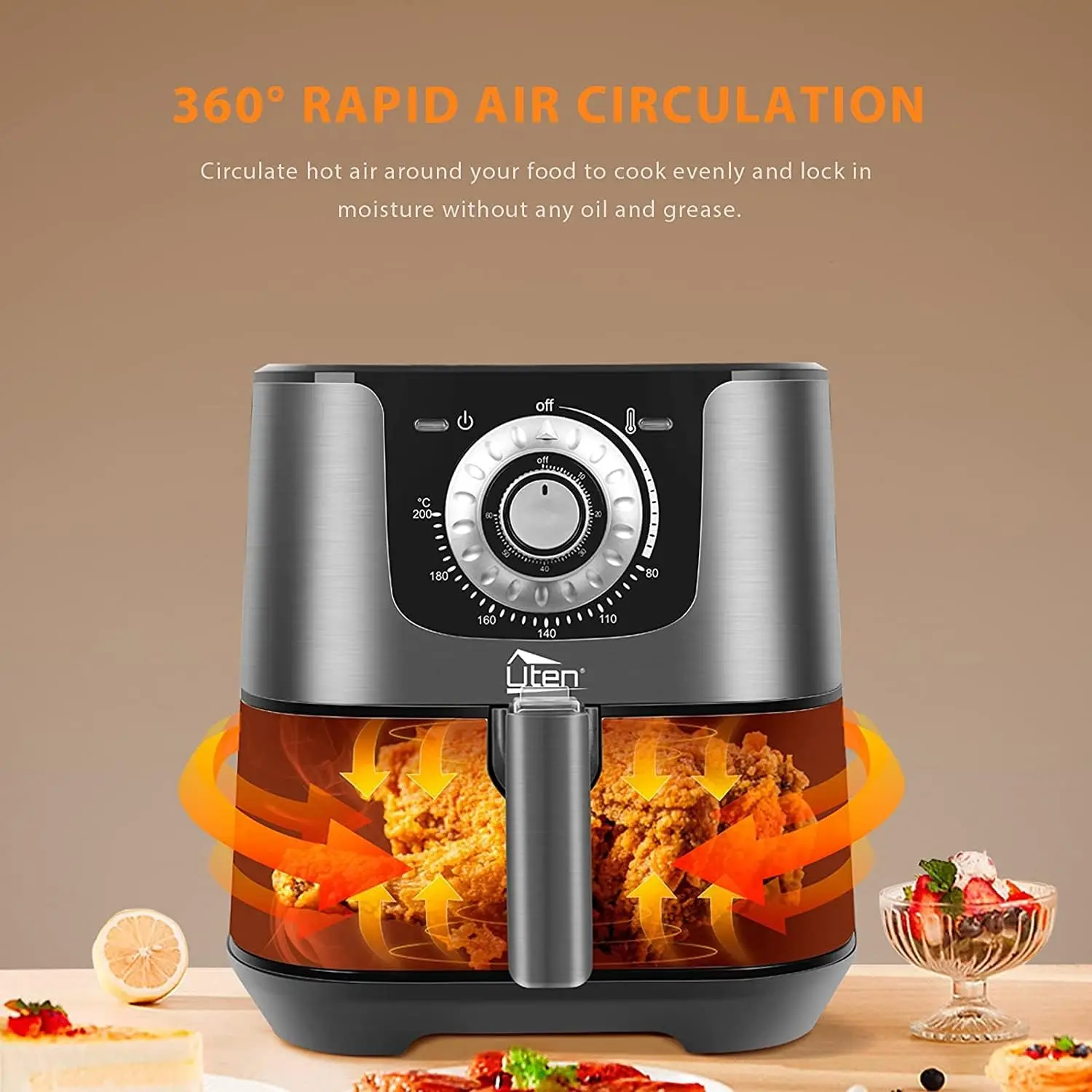 5.8 Quart Air Fryer, 1700W Oilless Cooker, Non-Stick Basket, Manual Control with Timer & Temp Knob, Black