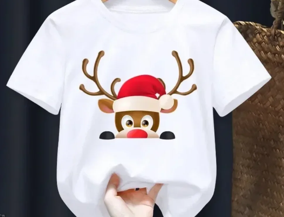 Summer New Deer Merry Christmas Red Kid T-shirts Cotton Children Baby Red Harajuku Clothes Boy Girl Tops Gift