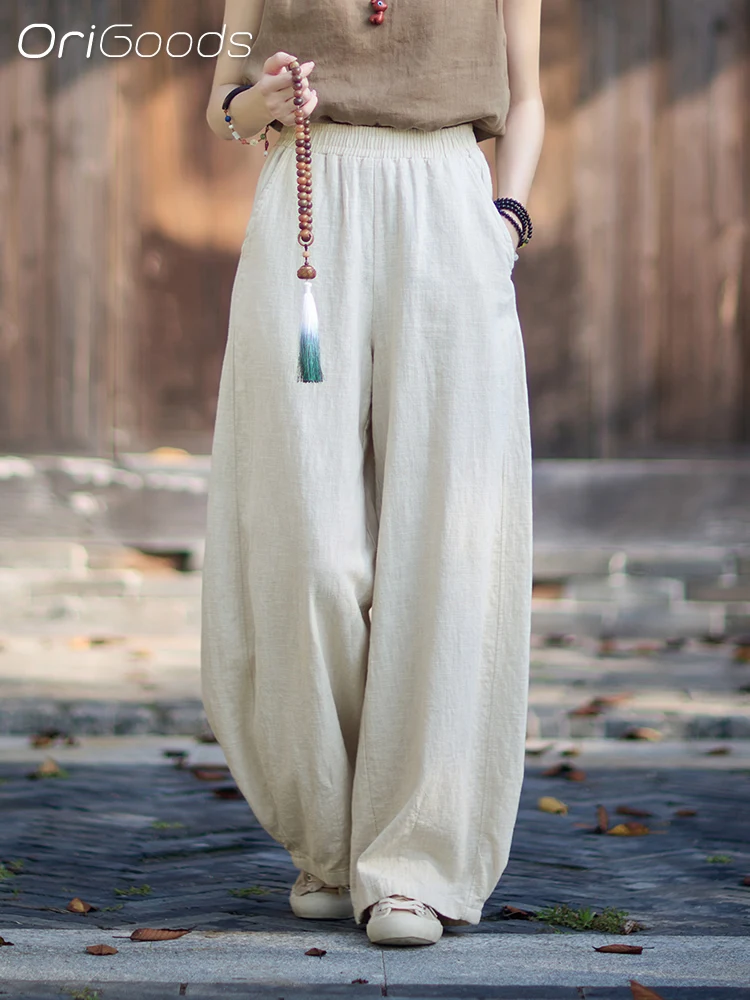 

OriGoods Loose Harem Pants Woman Linen Cotton Ramie Elastic Waist Vintage Pants Spring Autumn Pants Loose Fit 2025 New C146