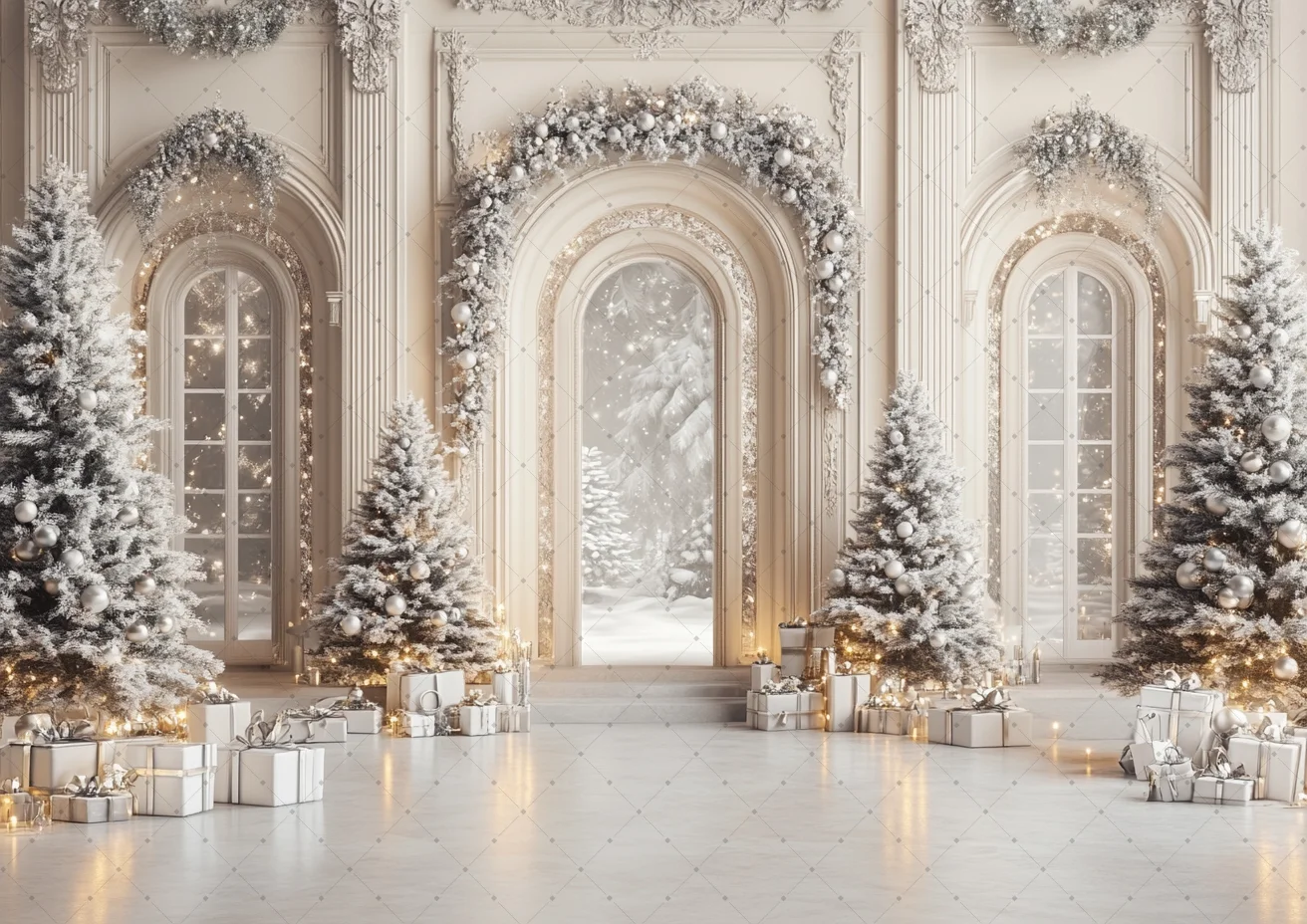 

﻿Merry Christmas Arch Door Photography Background Xmas Tree Gift Chic Wall Interior Decor Family Party Kid Portrait Backdrop