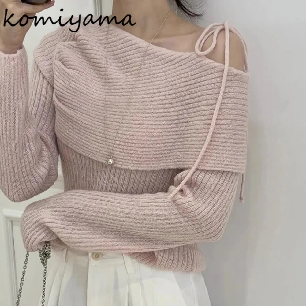 

Бандажный свитер с открытыми плечами и бантом Ropa Mujer, вязаный свитер в корейском стиле, одежда с длинными рукавами, женские топы в новом стиле Pull Pure Desire