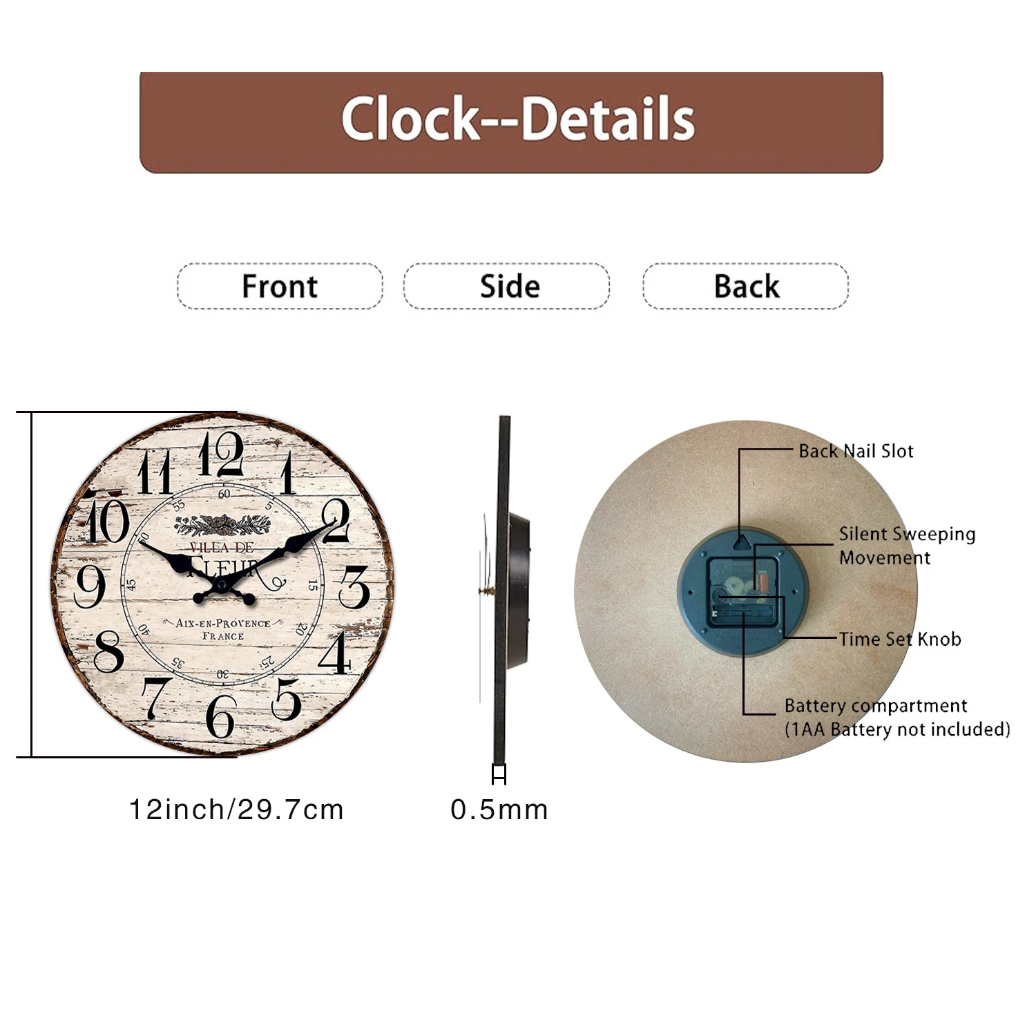 1pc Wooden wall clock, French Vintage White Silent non-ticking Kitchen Clock, Country Vintage decor Silent Wall clock-no battery