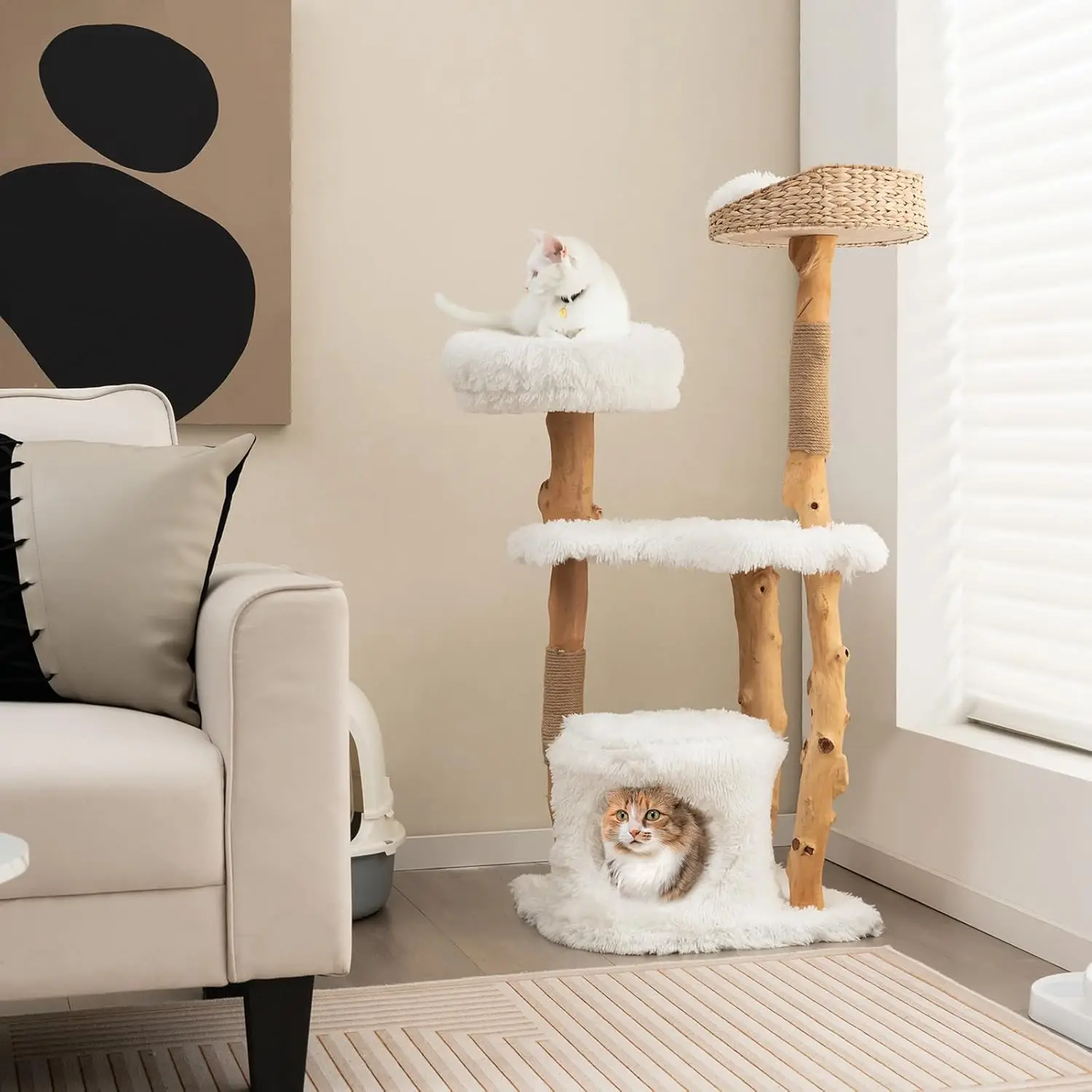 PETSITE 49 inch Cat Tree for Indoor Cats, Solid Wood Modern Multi-Level Tower with Scratching Posts, Top Cattail Basket