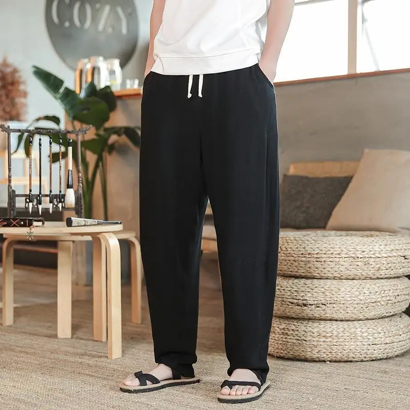 Men's Black Casual Loose Harem Pants Elastic Waist Drawstring Solid Color Streetwear Trousers With Pockets