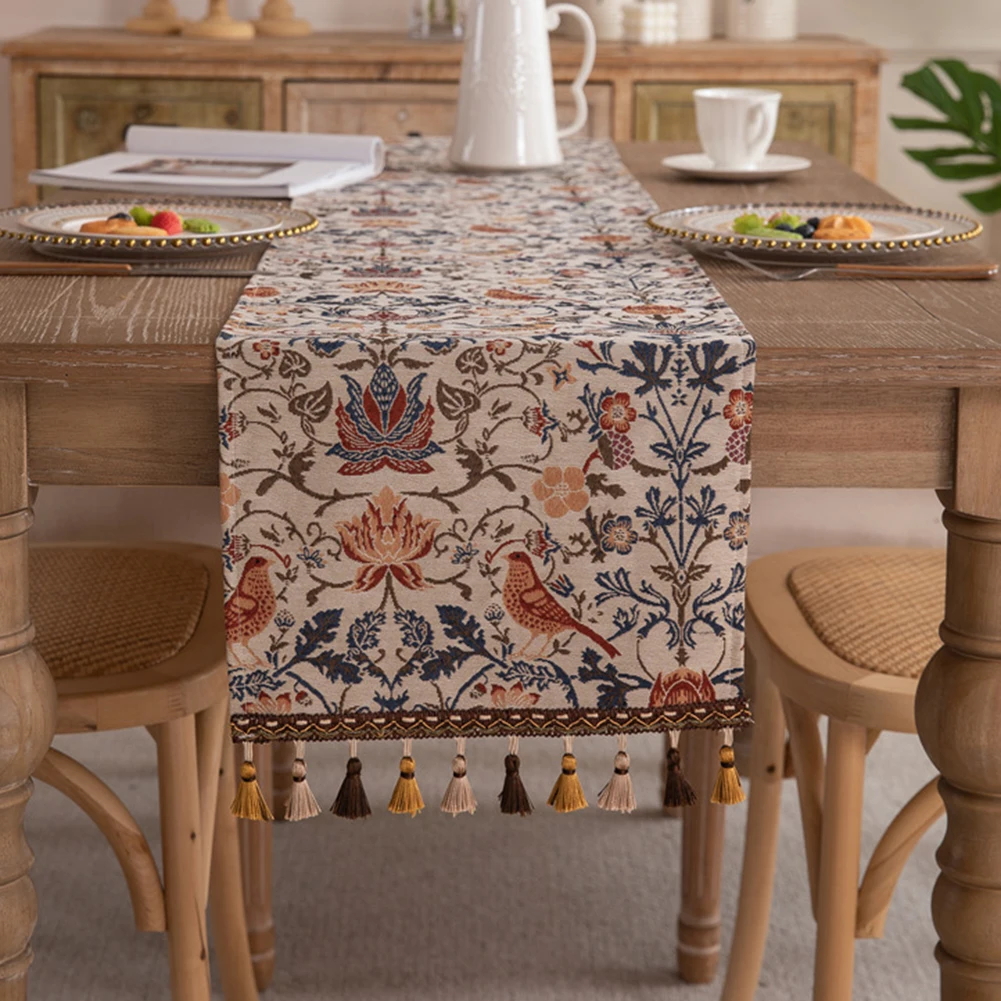 Jacquard-Woven Table Showcasing Botanical Florals and Avian Details Polyester Cotton Blend for Kitchen or Dining Room