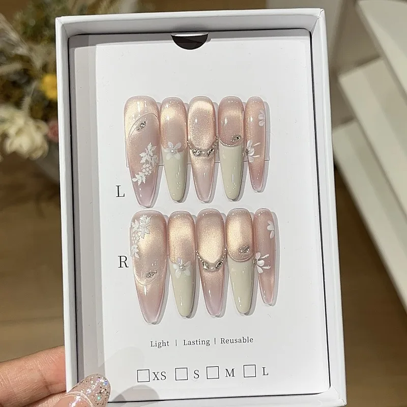 DIY Decor Press on Nails Shiny Gentle Cat Eye Style Hand Painted French Fashion Reusable False Nails Dressing Accessories