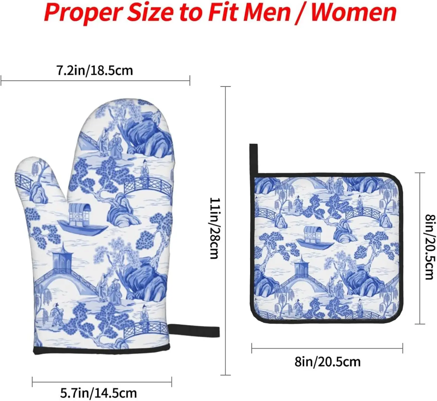 Blue Chinoiserie Pagoda White Oven Mitts and Pot Holders Set of 4 Oven Mittens and Potholders Heat Resistant Gloves for Kitchen