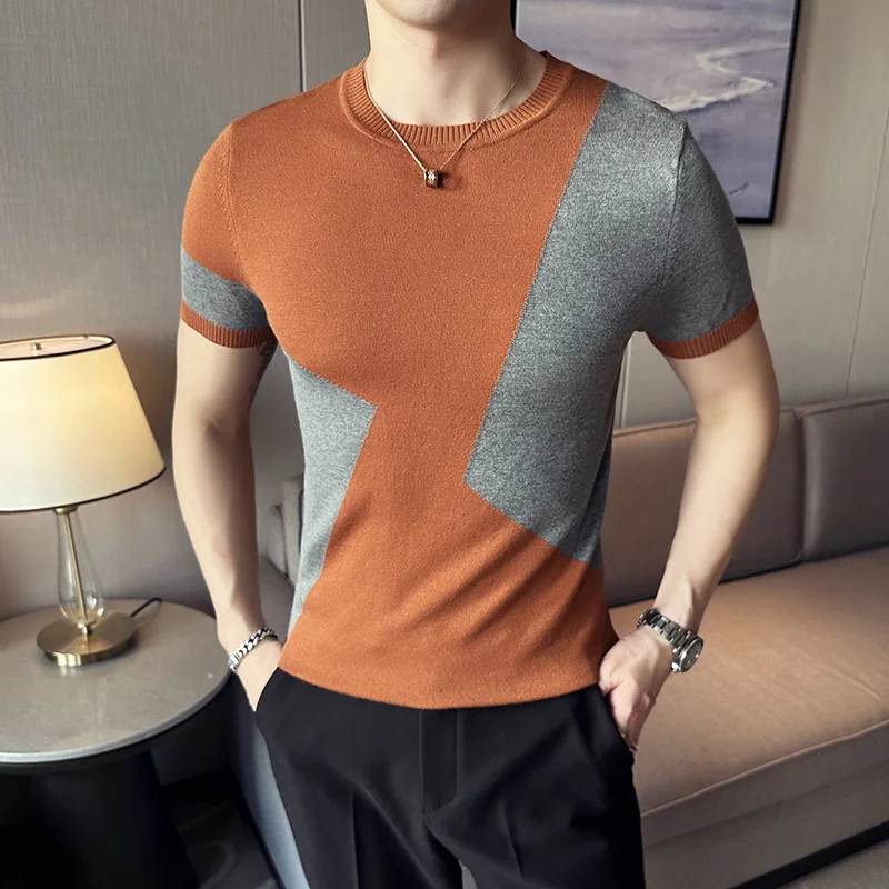 2023 Summer Contrast Color Knitted T-shirt Men Short Sleeve Round Neck Sweater Pullover Casual Business Social Tee Men Clothing