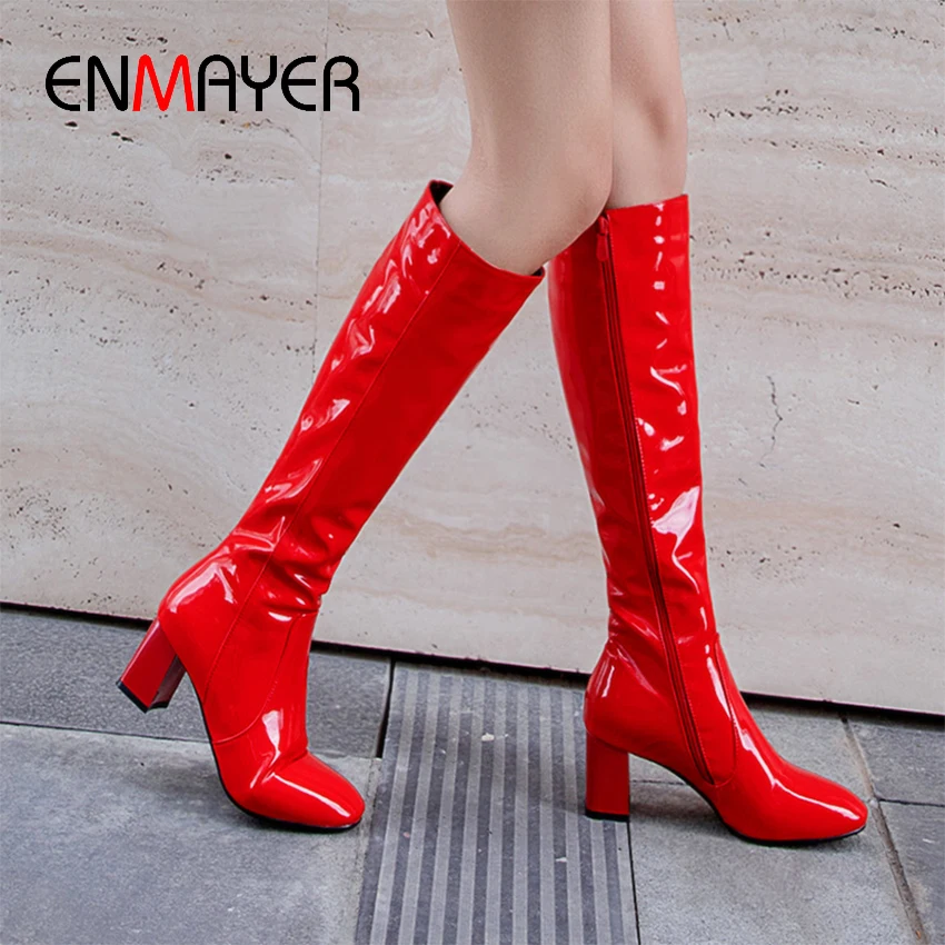 

ENMAYER PU Square Heel Rainboots Autumn Thigh High Boots Zipper Microfiber Solid Women Shoes Red Knee High Boots White Black