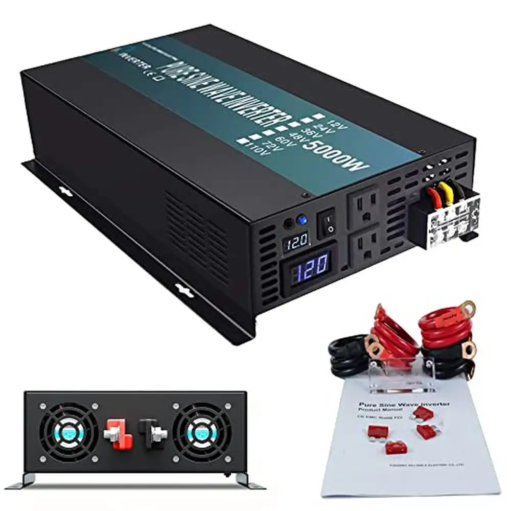 

5000W Pure Sine Wave Power Inverter 12V DC to 110V AC with LED Display Dual US Outlets Safety Protections Copper Inductance